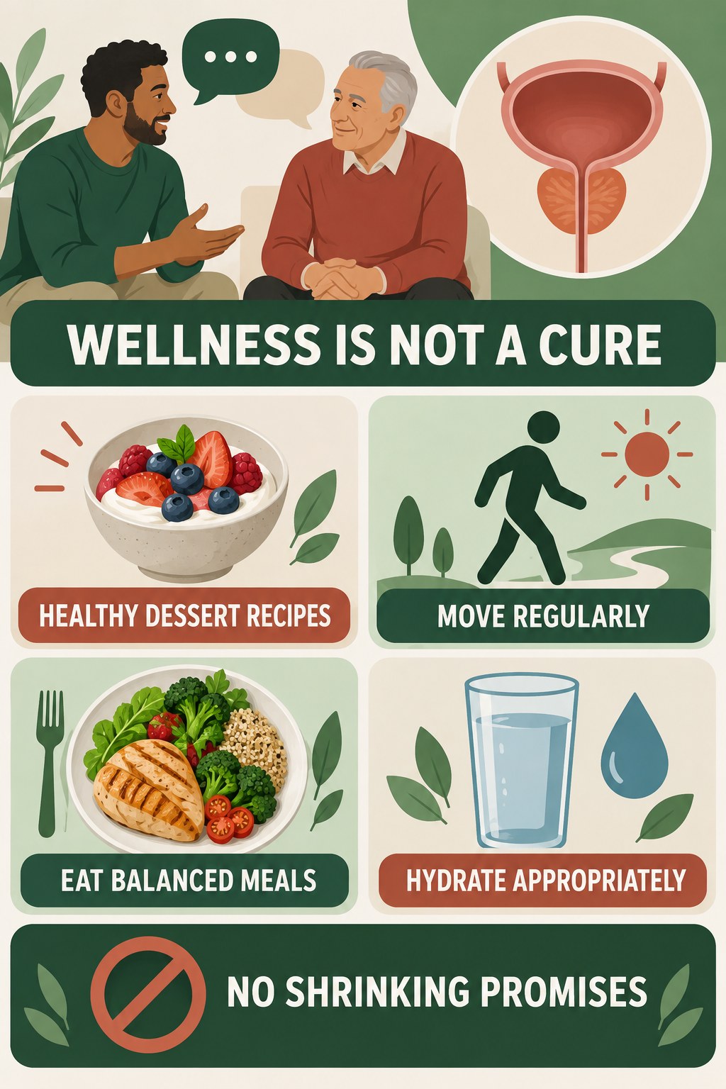 Lifestyle Supports Wellness, Not a Prostate Cure infographic for Healthy Dessert Recipes with four concise prostate-health awareness points.