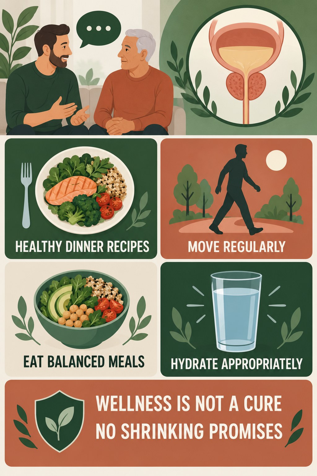 Lifestyle Supports Wellness, Not a Prostate Cure infographic for Healthy Dinner Recipes with four concise prostate-health awareness points.