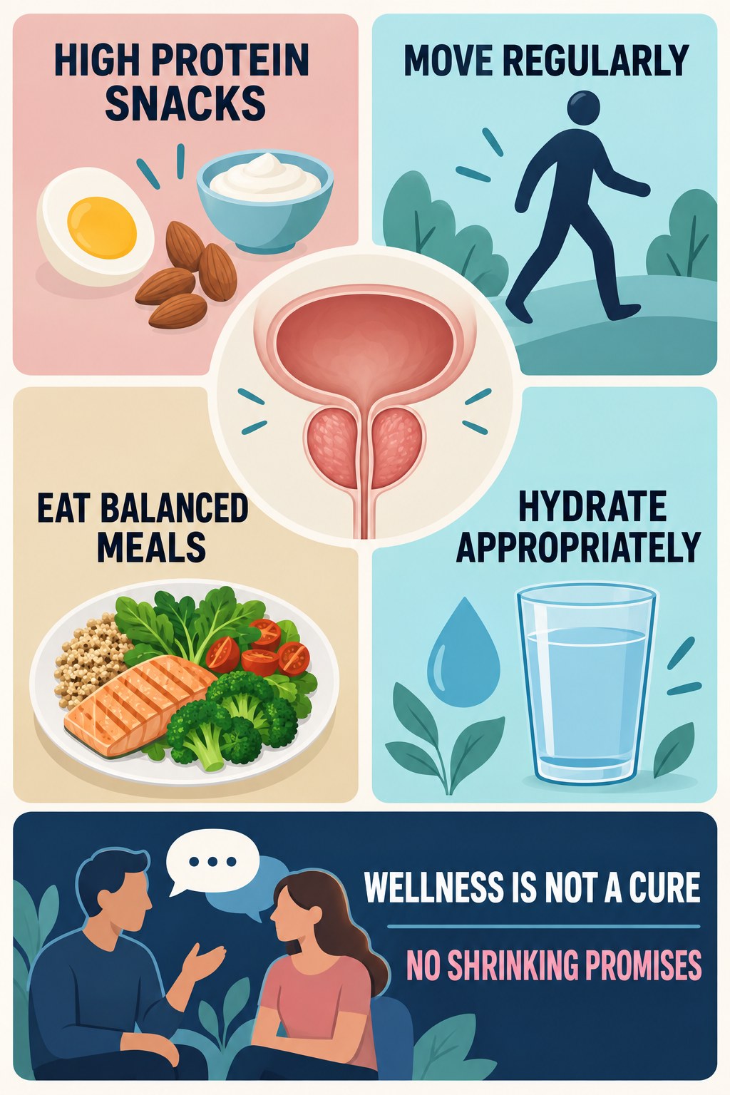 Lifestyle Supports Wellness, Not a Prostate Cure infographic for High Protein Snacks with four concise prostate-health awareness points.