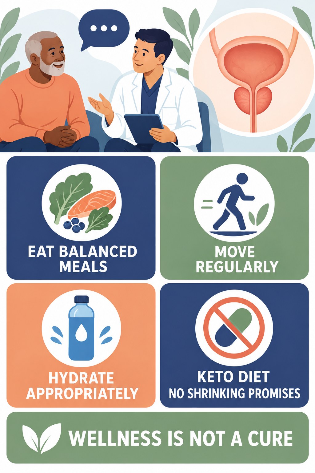 Lifestyle Supports Wellness, Not a Prostate Cure infographic for Keto Diet with four concise prostate-health awareness points.