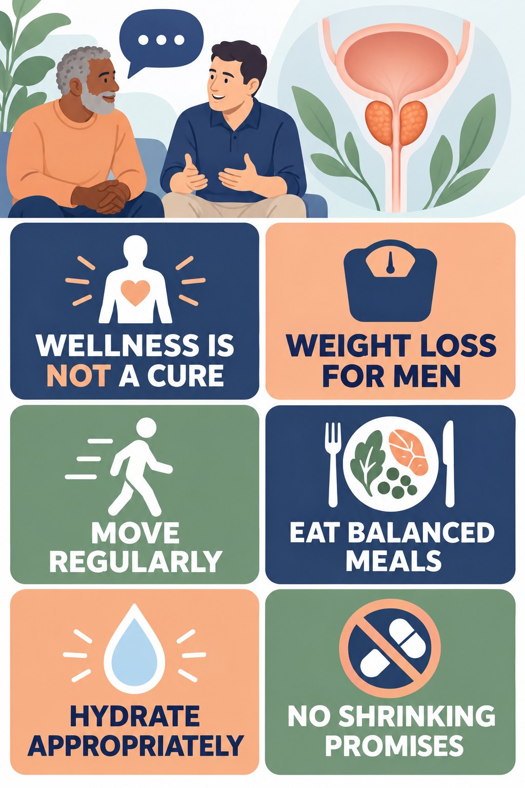 Lifestyle Supports Wellness, Not a Prostate Cure infographic for Weight Loss for Men with four concise prostate-health awareness points.