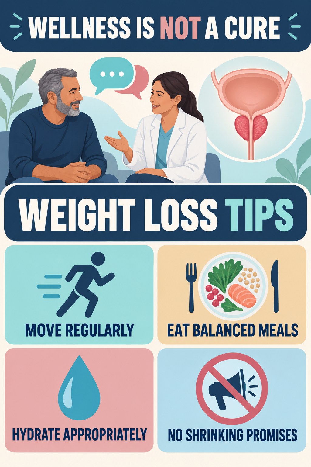 Lifestyle Supports Wellness, Not a Prostate Cure infographic for Weight Loss Tips with four concise prostate-health awareness points.