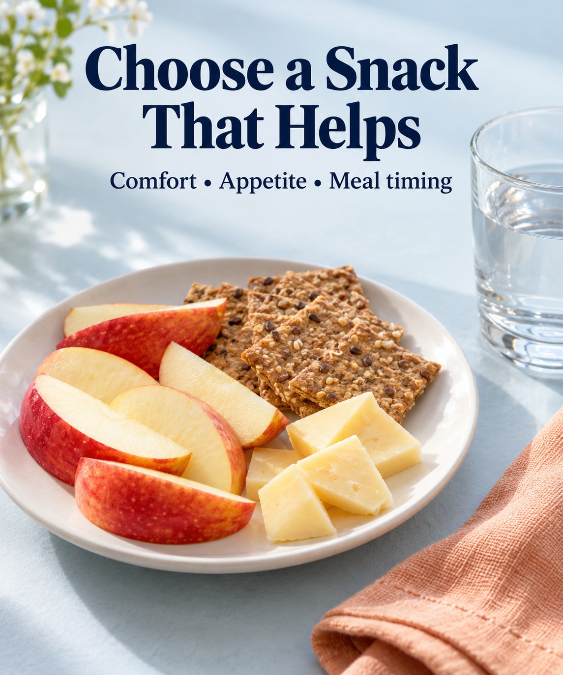 Small snack plate with fruit, crackers, and cheese beside a glass of water.