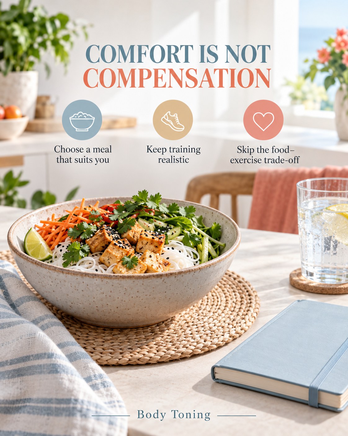 A rice noodle and vegetable meal with tofu beside a closed workout notebook and a water glass.