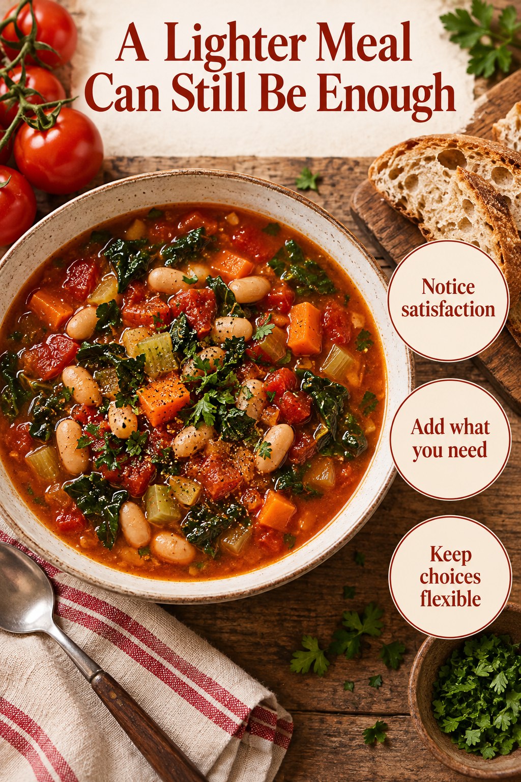 Vegetable soup with bread and beans alongside the reminder A Lighter Meal Can Still Be Enough.