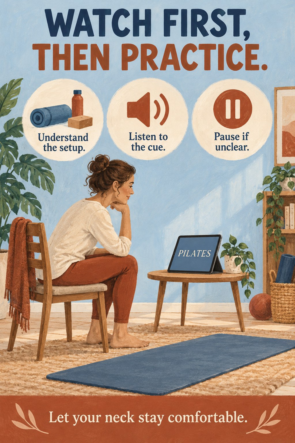 Adult seated beside a mat watching a tablet on a stable stand before beginning Pilates.