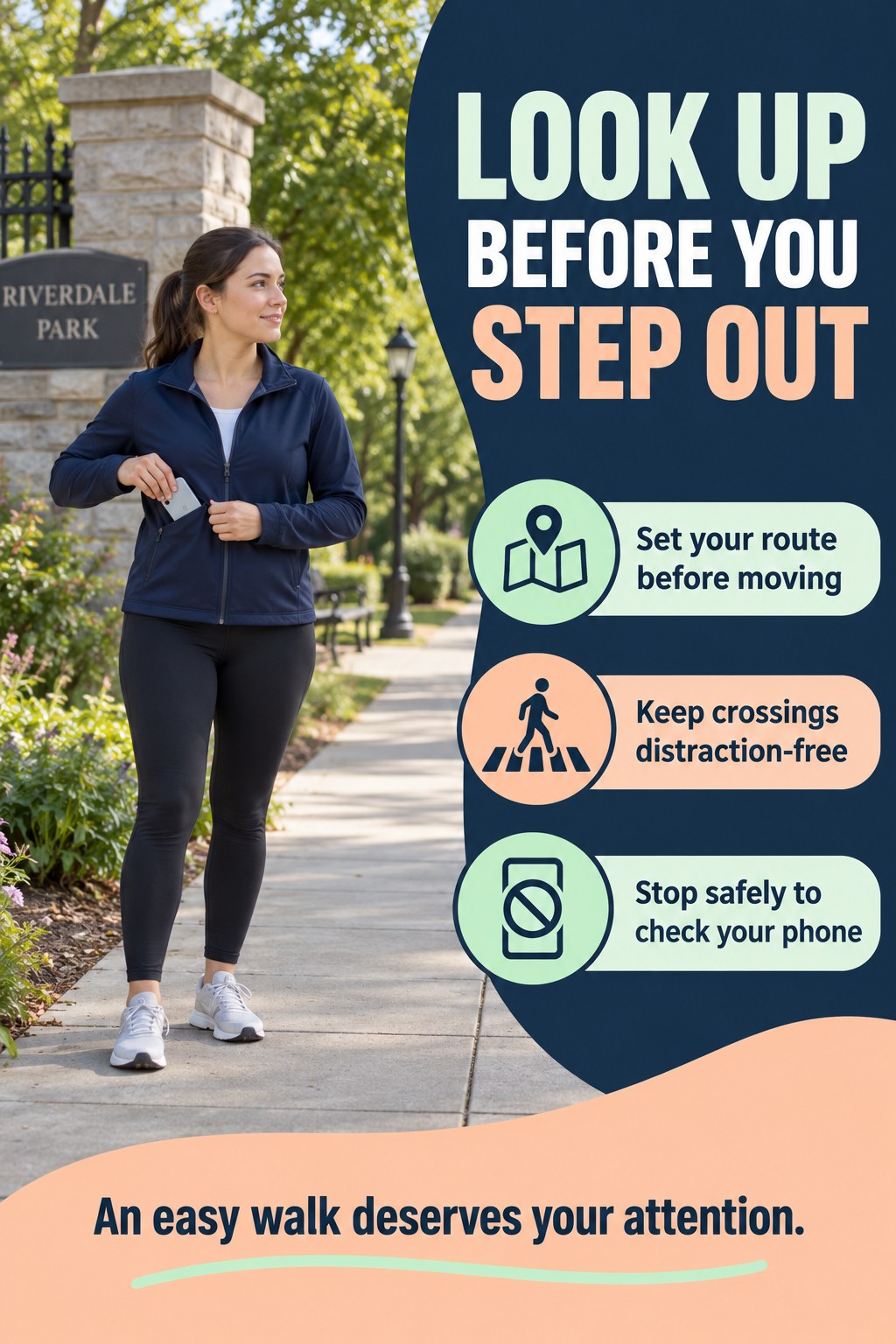 Woman puts her phone into a jacket pocket beside a park path and navy, mint, and peach reminders for attentive walking.