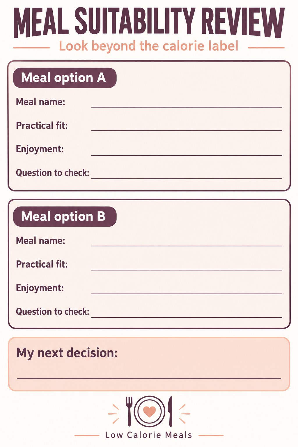 Two blank meal comparison cards with practical fit, enjoyment, and suitability question fields