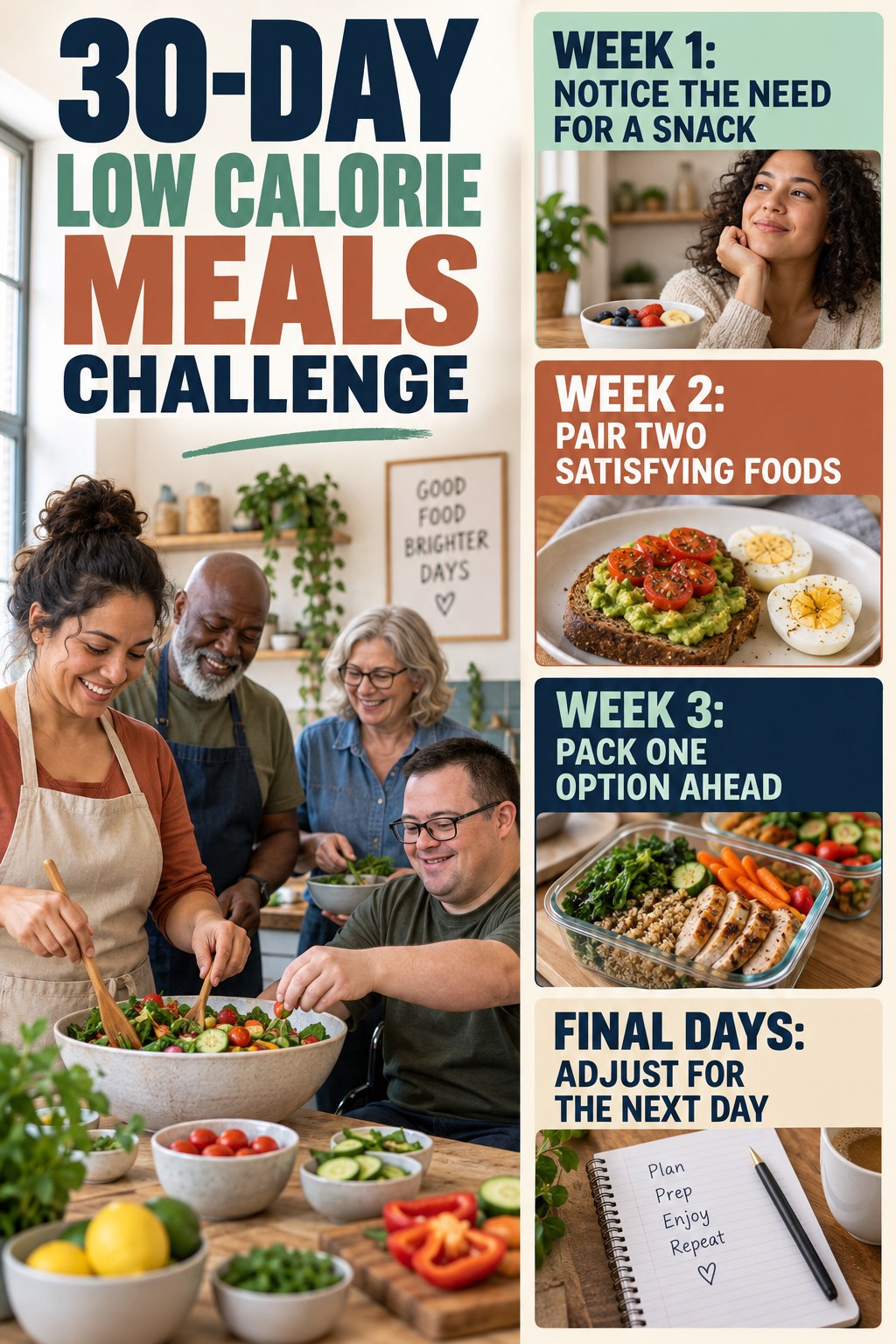 30-day Low Calorie Meals challenge graphic showing four manageable milestones for consistent practice.