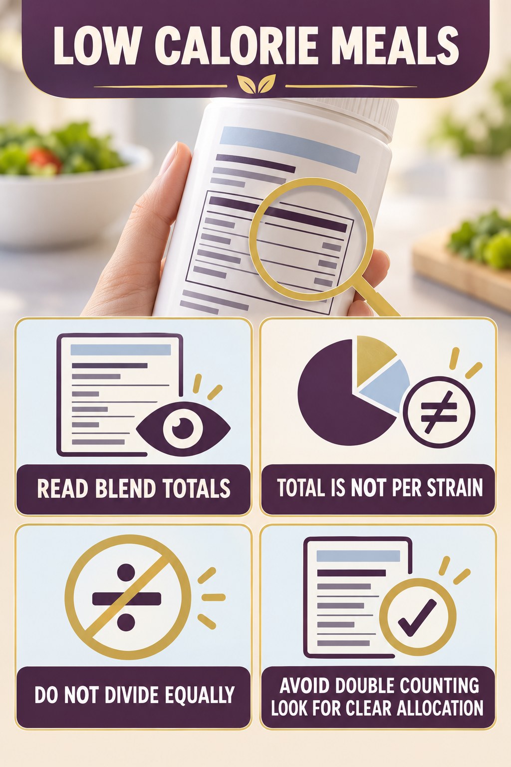 A Blend Total Does Not Reveal Each Strain infographic for Low Calorie Meals with four concise probiotic-label reading points.