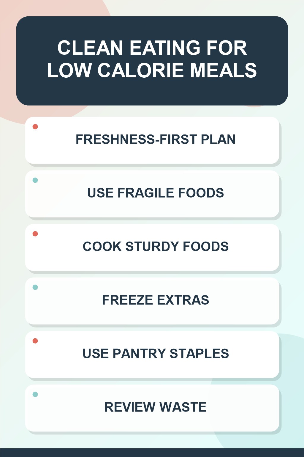 Freshness-First Plan clean eating infographic for Low Calorie Meals, showing five practical planning and preparation stages.