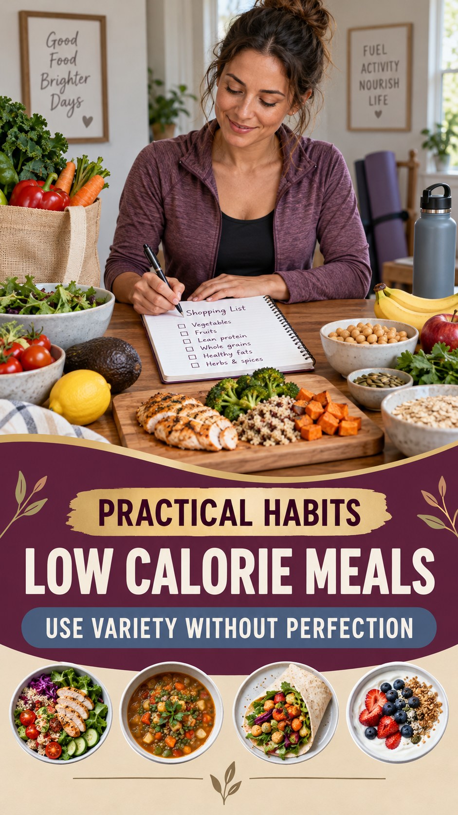 Food Variety Routine infographic for Low Calorie Meals, showing practical metabolism-support habits for an active lifestyle.