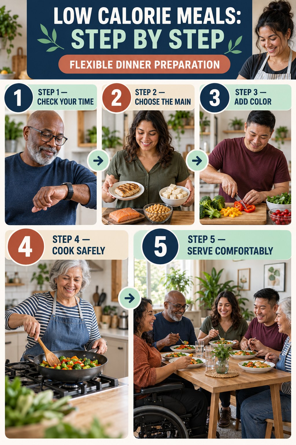 Low Calorie Meals step-by-step graphic showing five numbered stages for flexible dinner preparation.