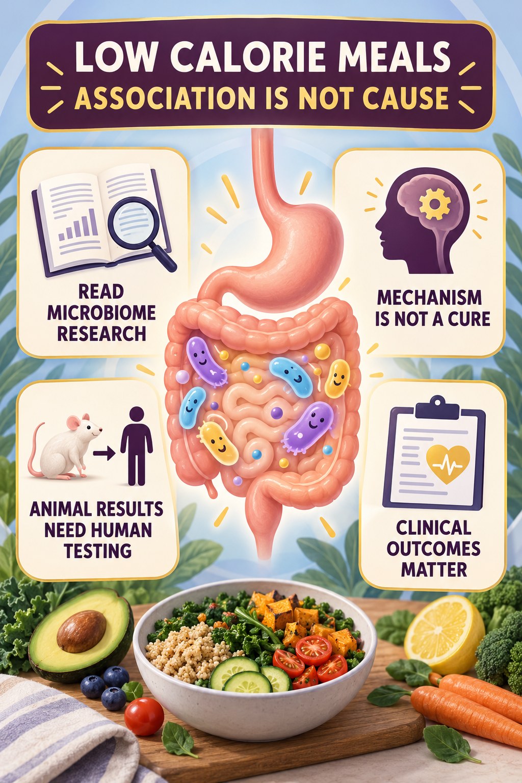 Association Is Not the Same as Cause educational infographic for Low Calorie Meals with four evidence-aware points.