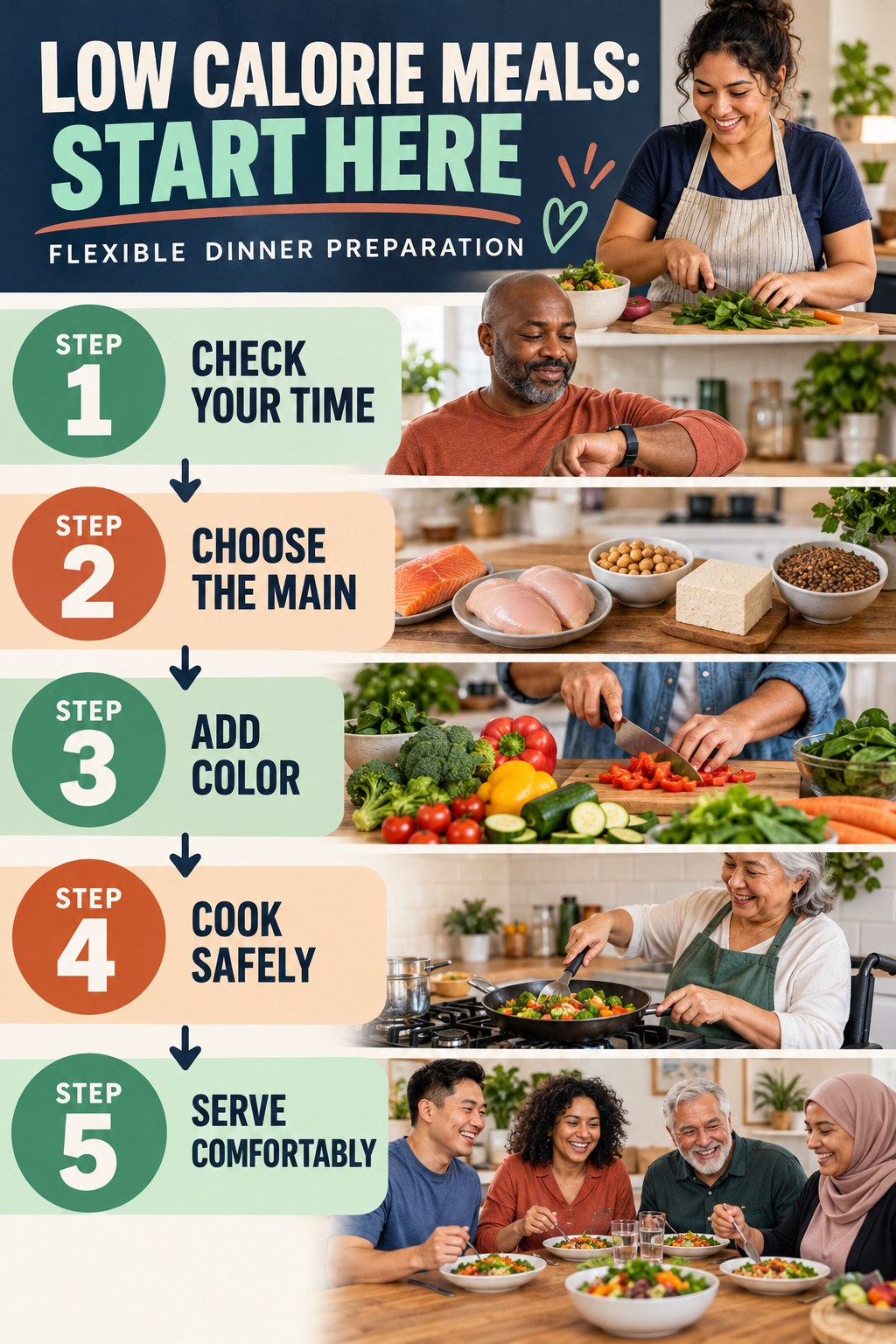 Low Calorie Meals beginner guide graphic showing five manageable stages for flexible dinner preparation.