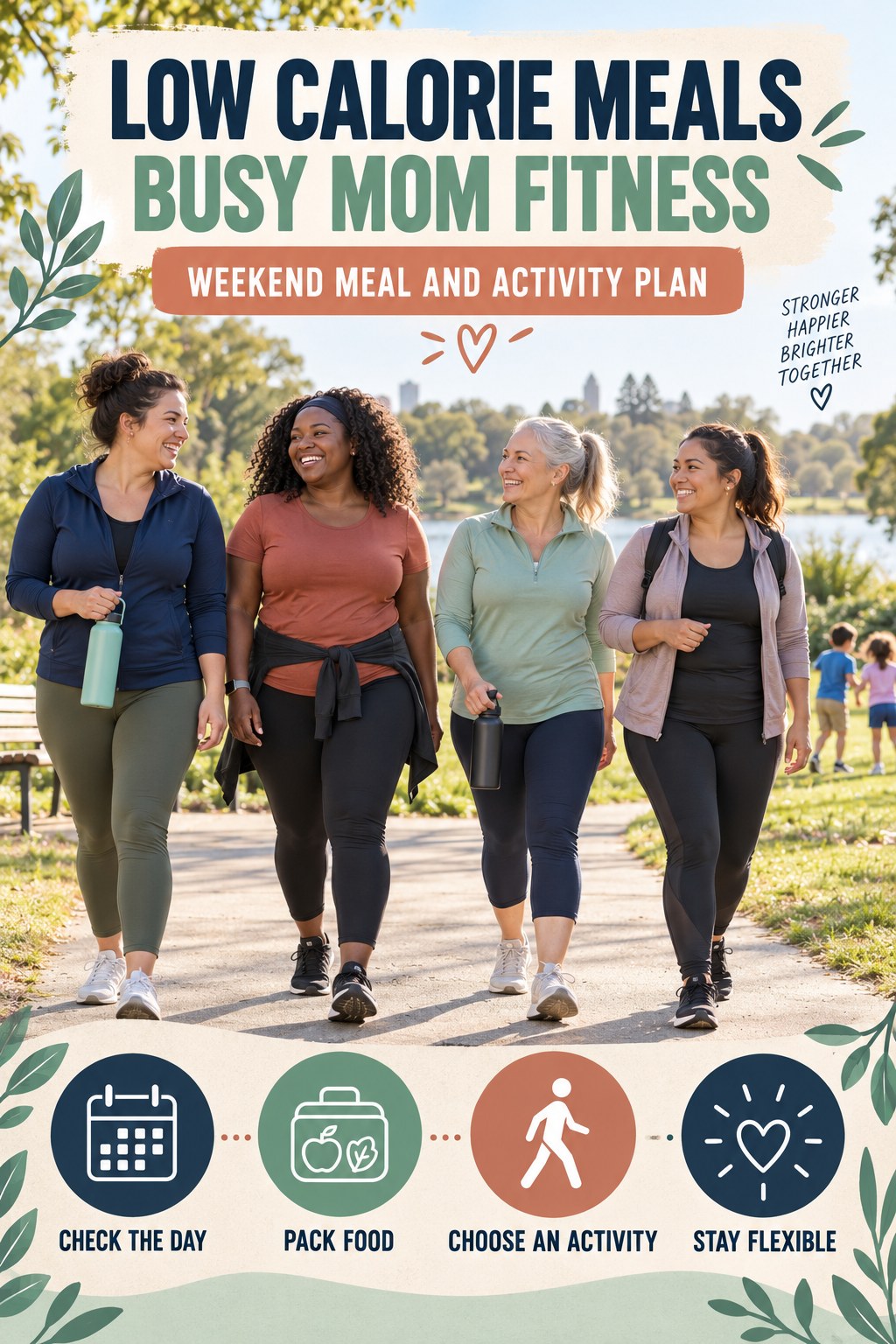 Low Calorie Meals busy-mom fitness graphic titled Weekend Meal and Activity Plan with four practical movement prompts.
