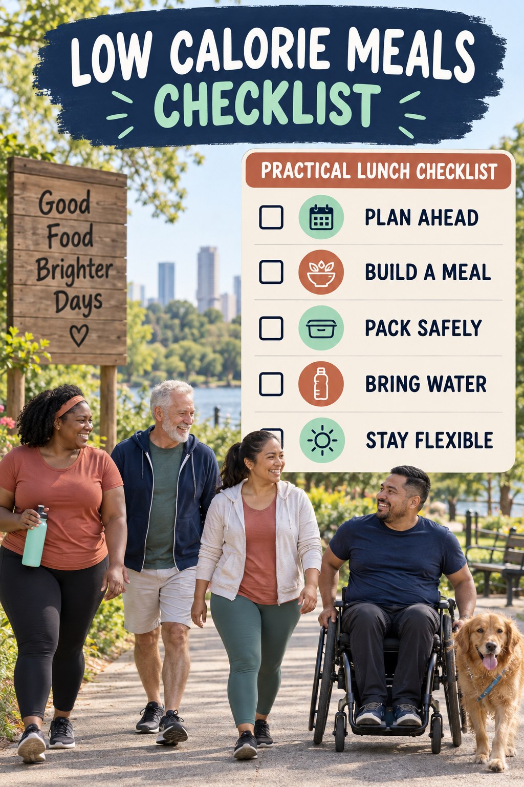 Low Calorie Meals checklist graphic titled Practical Lunch Checklist with five clear practical wellness items.