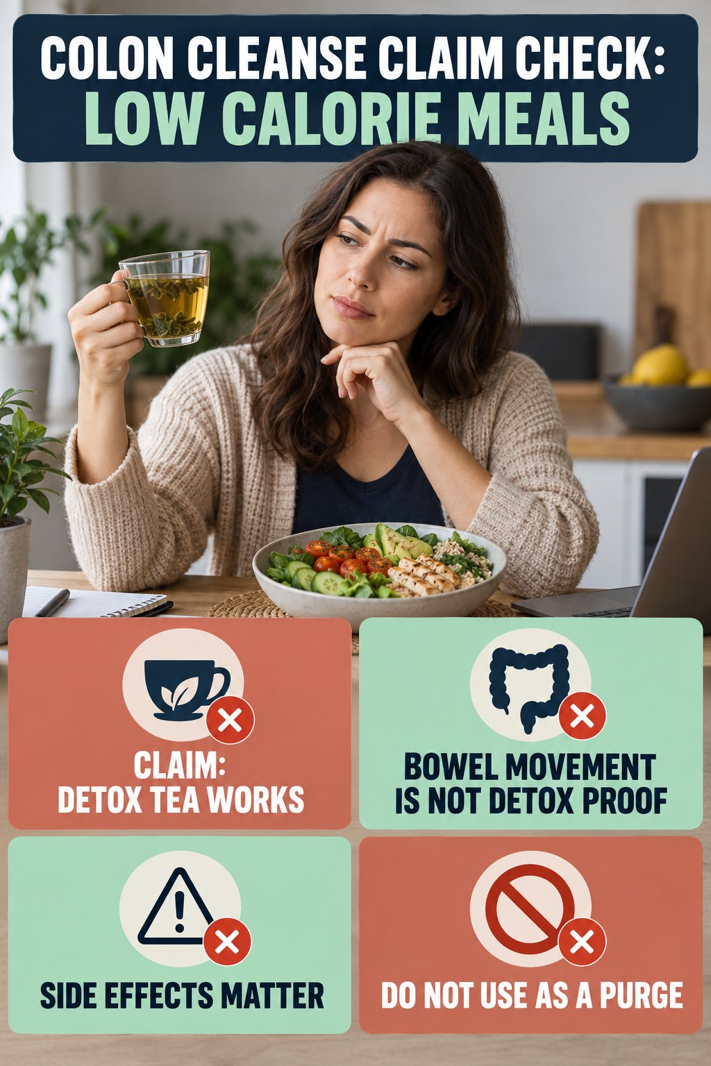 Detox Tea and Laxative Claims infographic for Low Calorie Meals, separating a colon-cleanse marketing claim from evidence, reasonable conclusions, and safety context.
