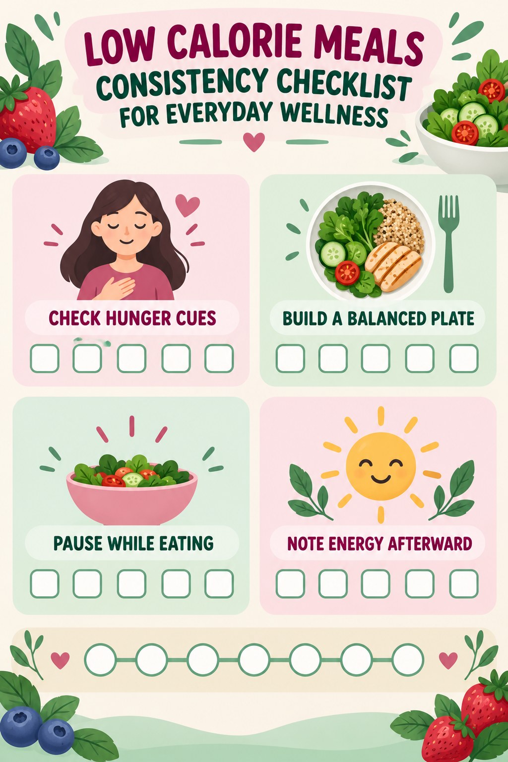 Low Calorie Meals Consistency Checklist for Everyday Wellness infographic with checkboxes for check hunger cues, build a balanced plate, pause while eating, note energy afterward.