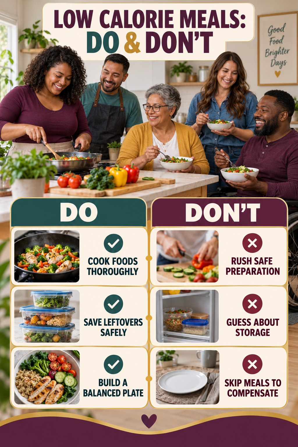 Low Calorie Meals Do and Don’t comparison graphic showing three practical behavior pairs for mindful eating.