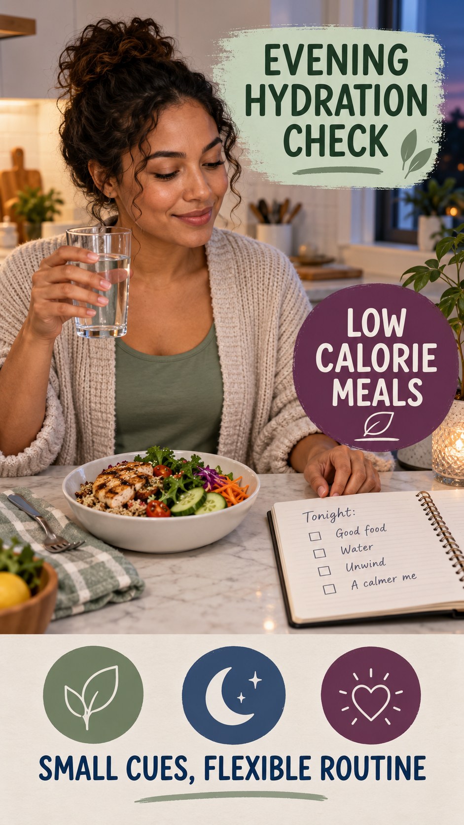 Evening Hydration Awareness infographic for Low Calorie Meals, showing a flexible and calming evening wellness routine.
