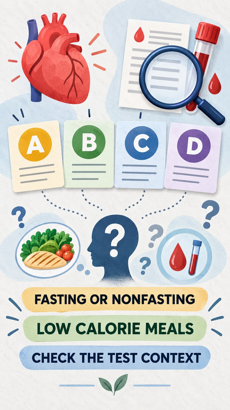 Fasting and Nonfasting Questions infographic for Low Calorie Meals, using a non-numerical educational lipid-panel layout with question and context icons.