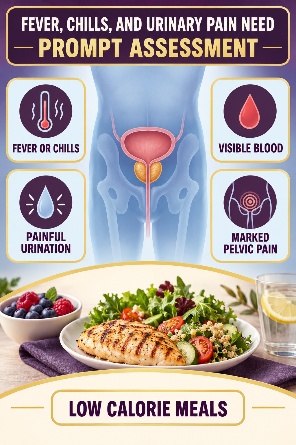 Fever, Chills, and Urinary Pain Need Prompt Assessment infographic for Low Calorie Meals with four concise prostate-health awareness points.