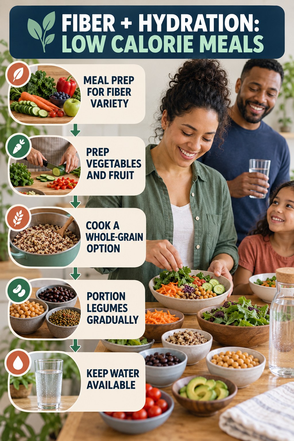 Meal Prep for Fiber Variety infographic for Low Calorie Meals, showing gradual food-first fiber, appropriate hydration, realistic bowel routines, and safe warning boundaries.
