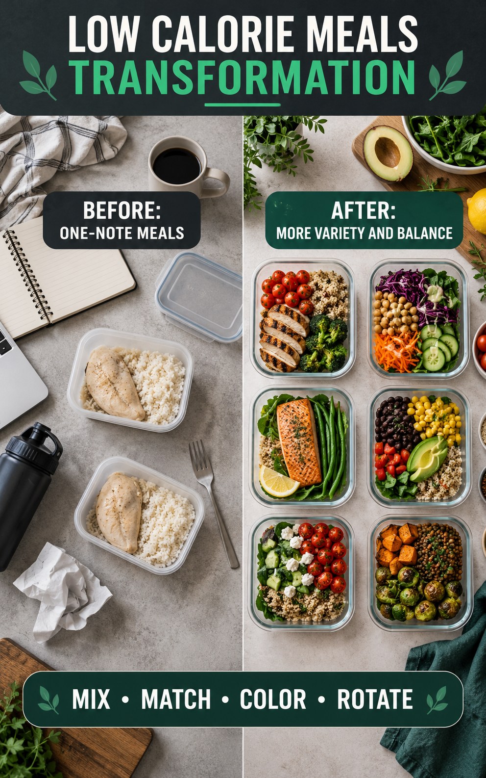 Low Calorie Meals habit transformation graphic comparing one-note meals with more variety and balance using four practical steps.