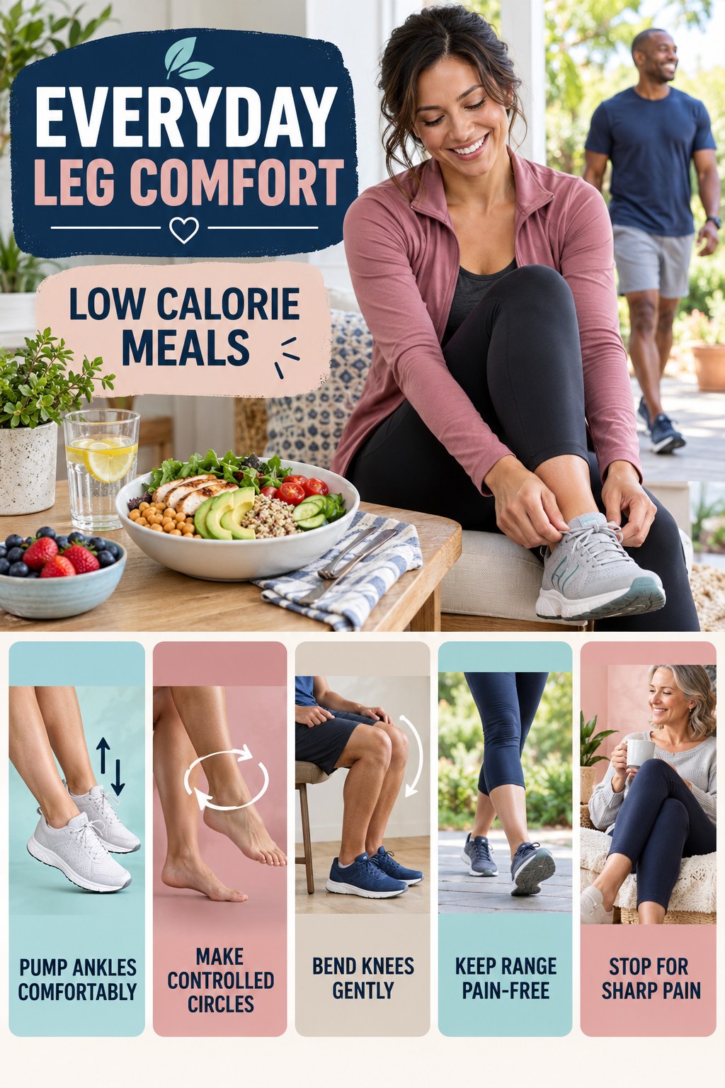Gentle Ankle and Calf Mobility infographic for Low Calorie Meals with five gentle movement, position, footwear, recovery, or safety actions.