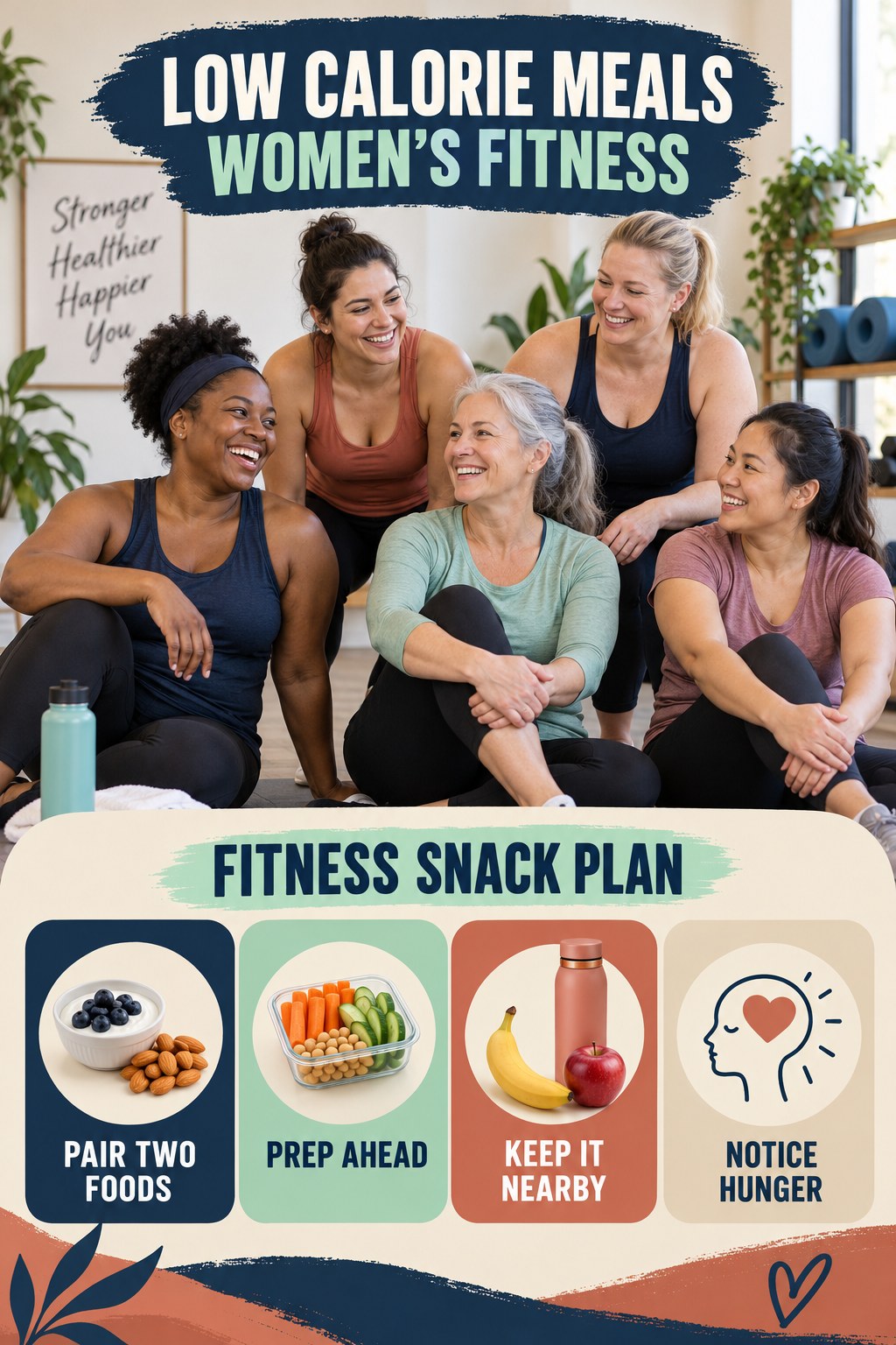 Low Calorie Meals women’s fitness graphic titled Fitness Snack Plan with four practical training prompts.