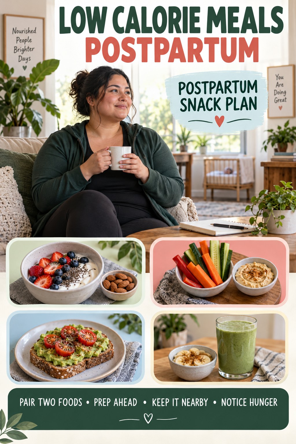 Low Calorie Meals postpartum graphic titled Postpartum Snack Plan with four gradual recovery-aware prompts.