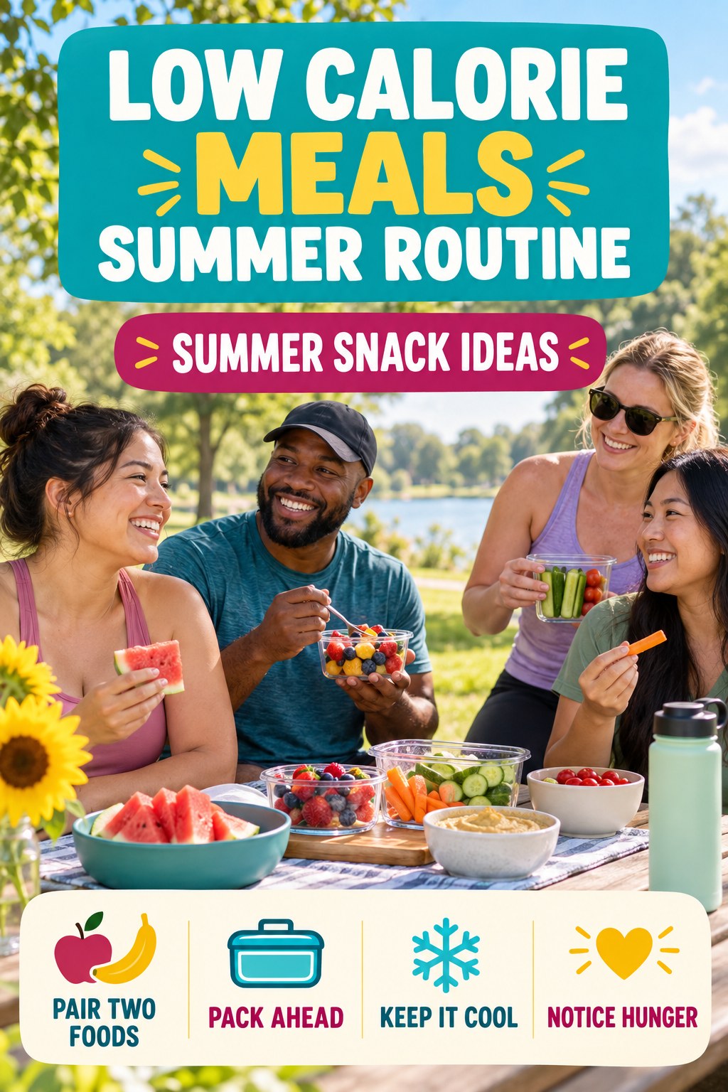 Low Calorie Meals summer routine graphic titled Summer Snack Ideas with four practical wellness prompts.