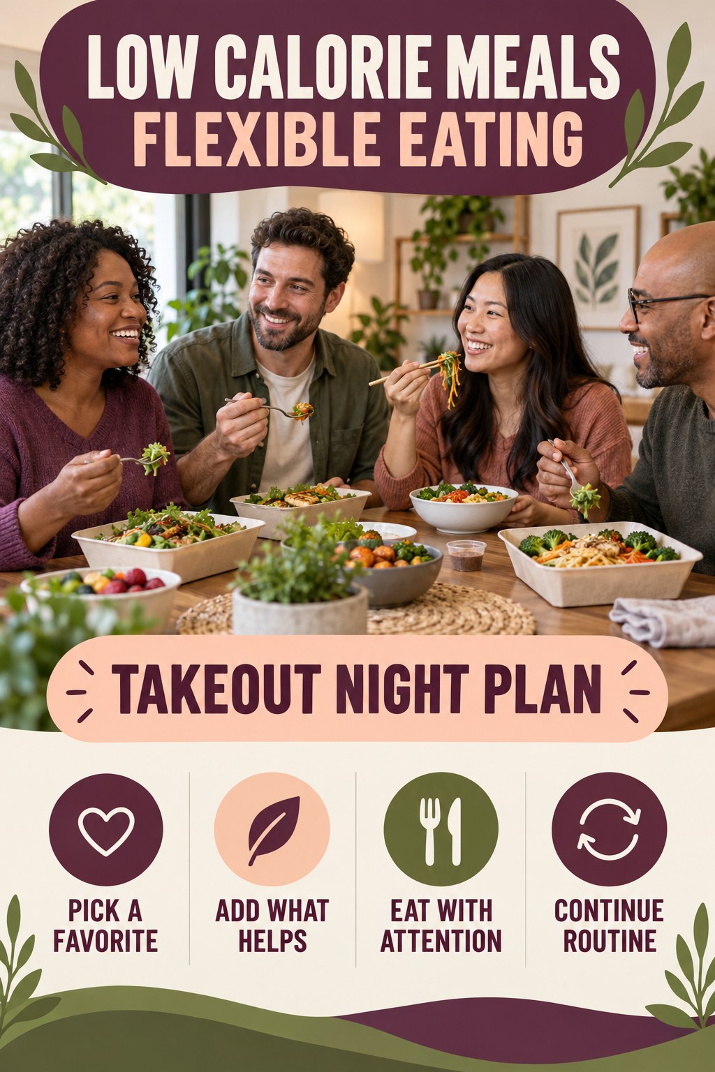 Low Calorie Meals flexible eating graphic titled Takeout Night Plan with four practical balance prompts.