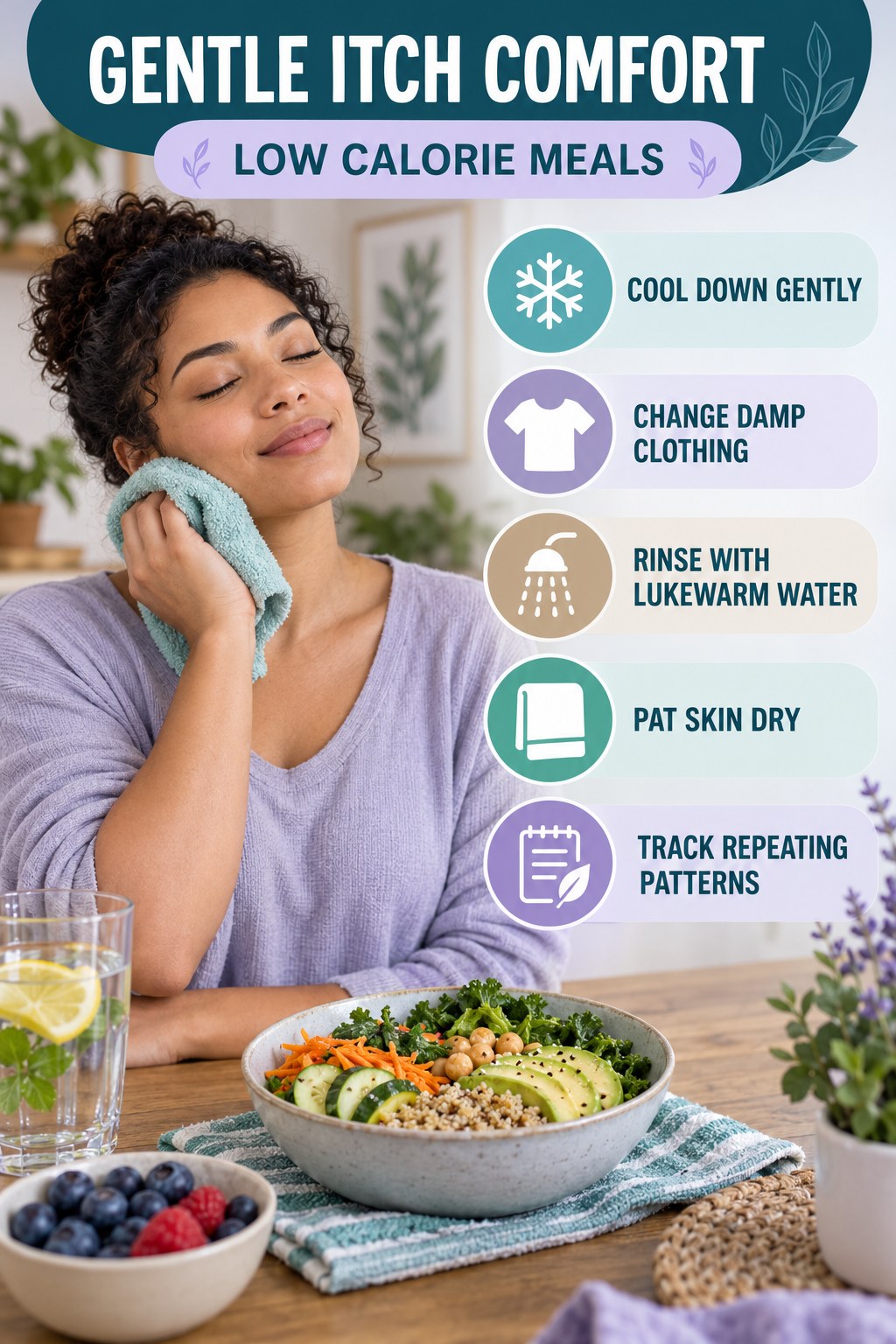 Heat and Sweat Comfort Plan infographic for Low Calorie Meals with five gentle itchy-skin comfort strategies and a non-diagnostic safety focus.