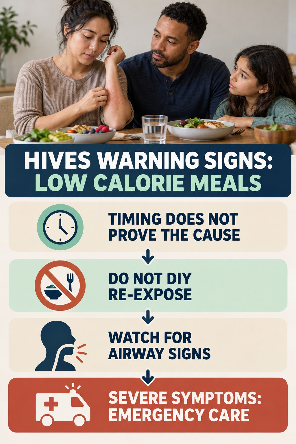 Food-Reaction Awareness infographic for Low Calorie Meals, highlighting urgent breathing, throat, swelling, fainting, and rapid-progression warning signs without diagnosing hives.