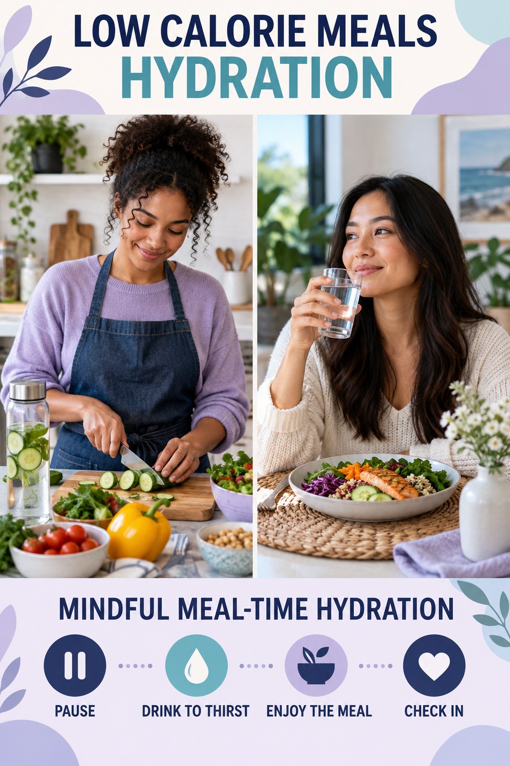 Low Calorie Meals hydration graphic titled Mindful Meal-Time Hydration with four flexible water-habit prompts and no fixed intake target.