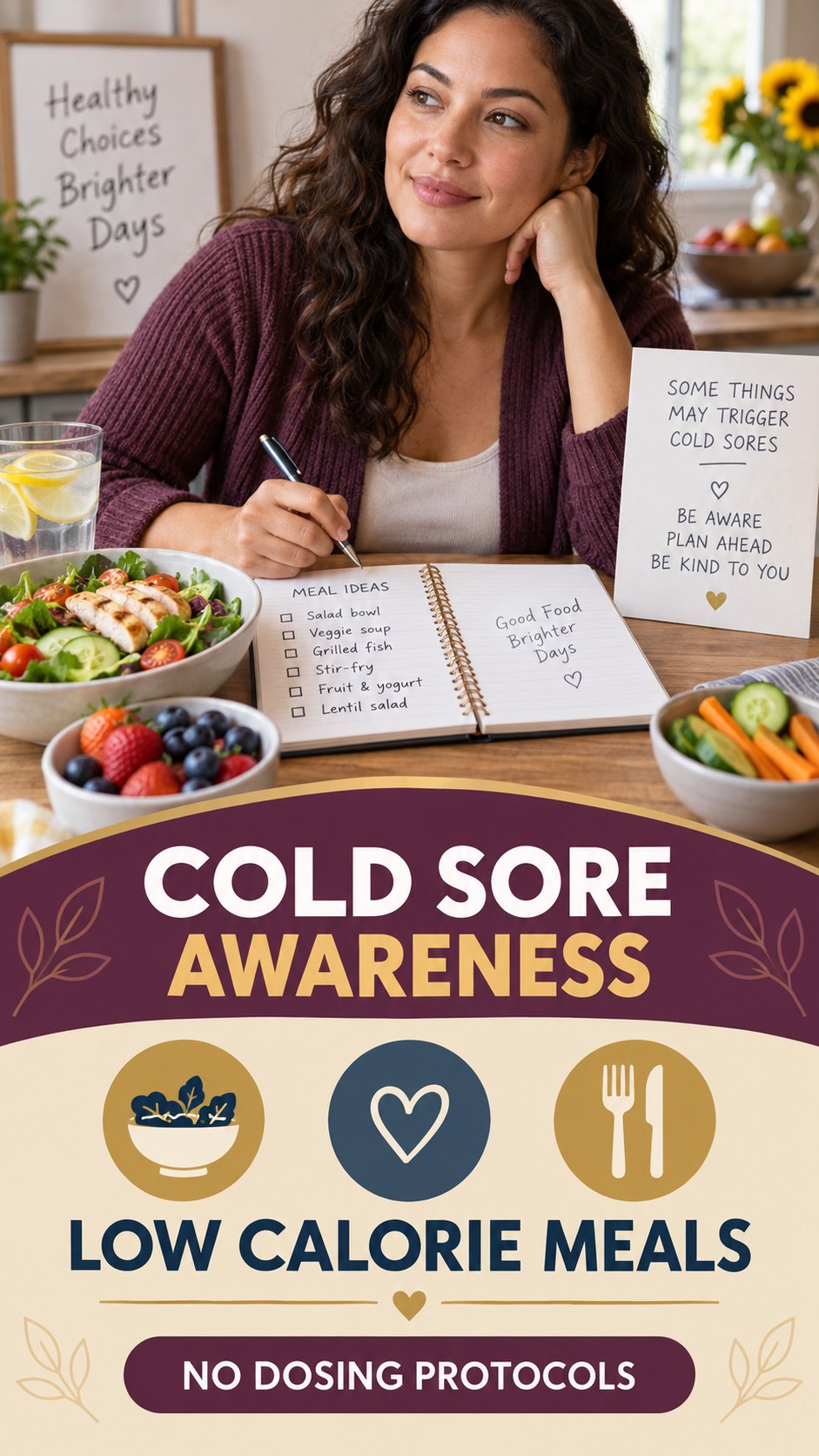 Lysine and Arginine Caution infographic for Low Calorie Meals, explaining that possible cold-sore triggers vary by person.