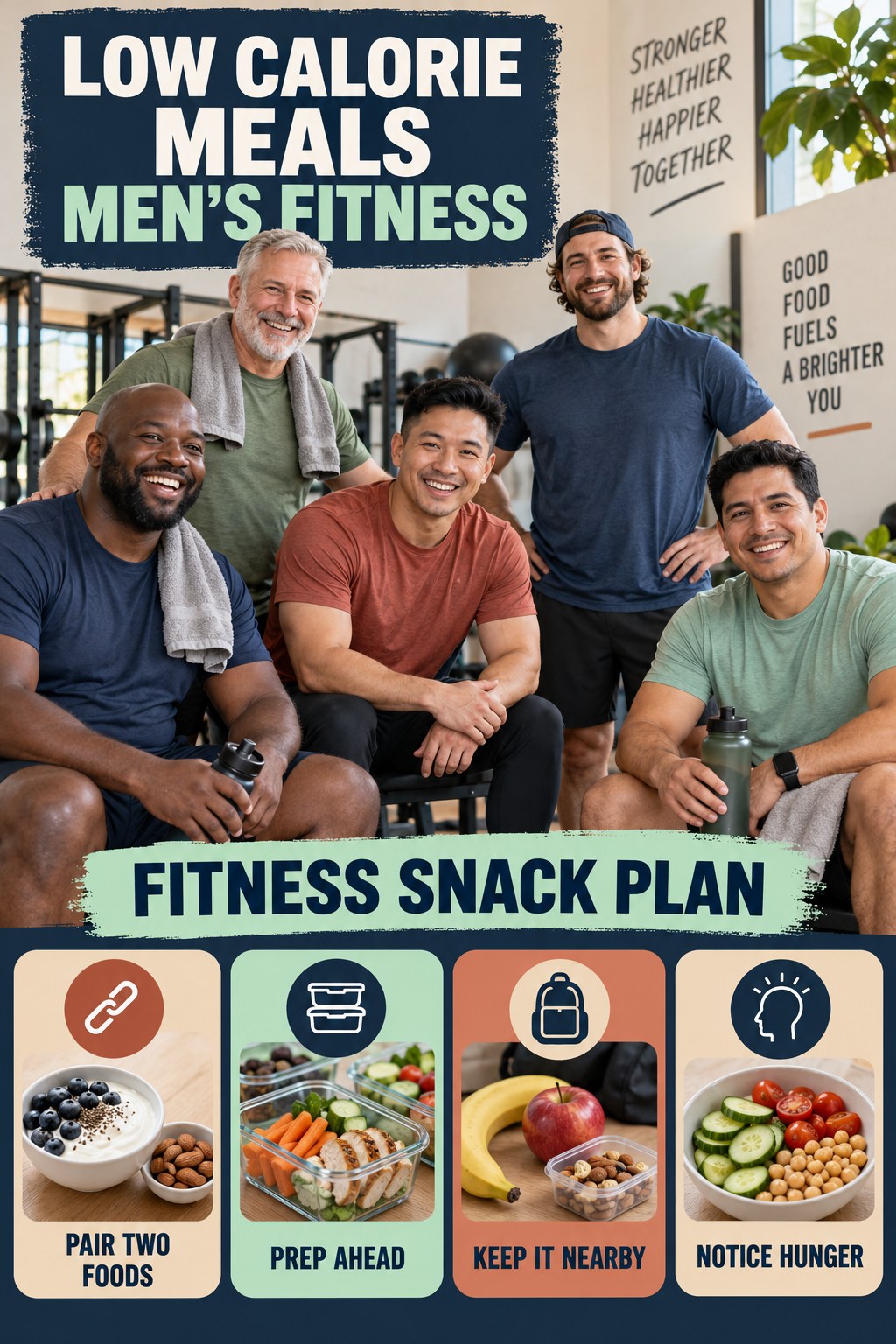Low Calorie Meals men’s fitness graphic titled Fitness Snack Plan with four practical training prompts.