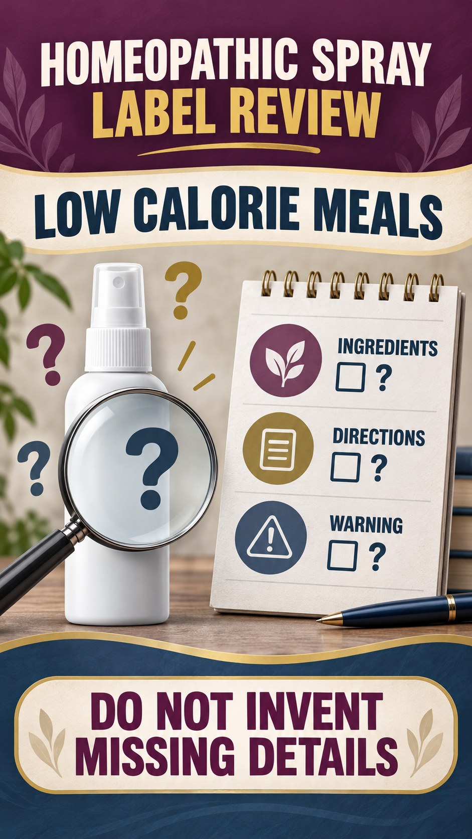 Missing Information Audit infographic for Low Calorie Meals, showing a generic spray-label checklist that separates available facts, missing details, and evidence questions.