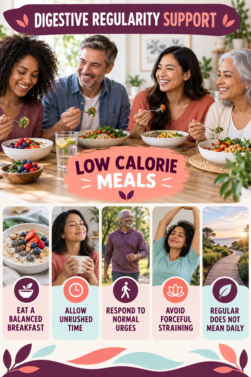 Morning Digestive Wellness infographic for Low Calorie Meals with five practical food, hydration, movement, or routine actions and no cleanse claims.