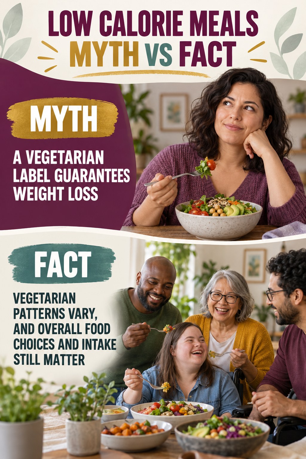 Low Calorie Meals Myth vs Fact graphic correcting the misconception about vegetarian eating.
