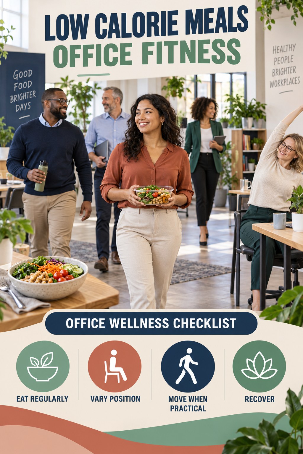Low Calorie Meals office-fitness graphic titled Office Wellness Checklist with four practical workday movement prompts.