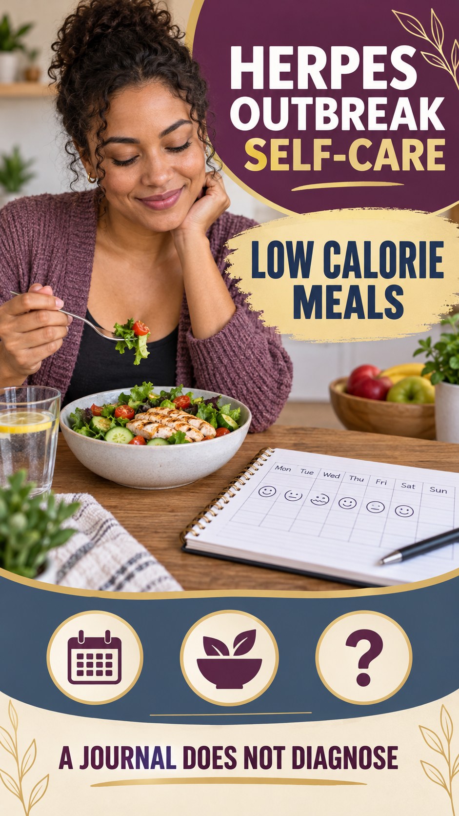 Outbreak Pattern Notes infographic for Low Calorie Meals, presenting respectful general HSV self-care comfort, hygiene, and safety education.