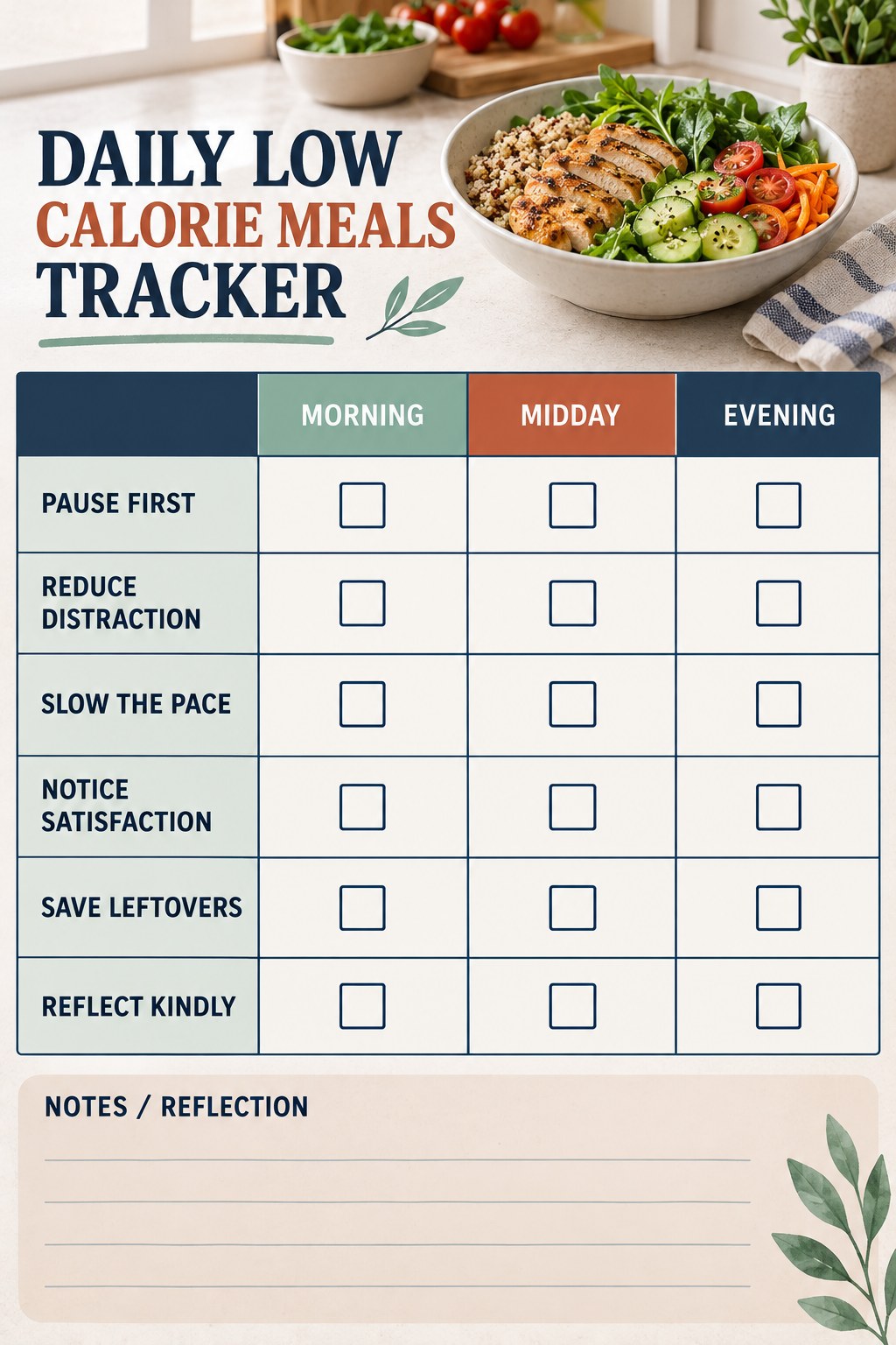 Daily Low Calorie Meals printable-style tracker graphic with six labeled rows, empty checkboxes, and a reflection area.