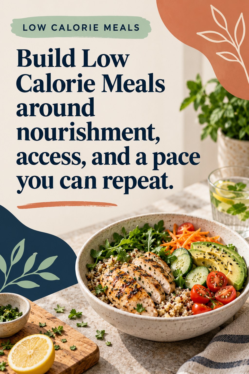 Original Low Calorie Meals quote graphic reading “Build Low Calorie Meals around nourishment, access, and a pace you can repeat.” in a board-relevant editorial design.
