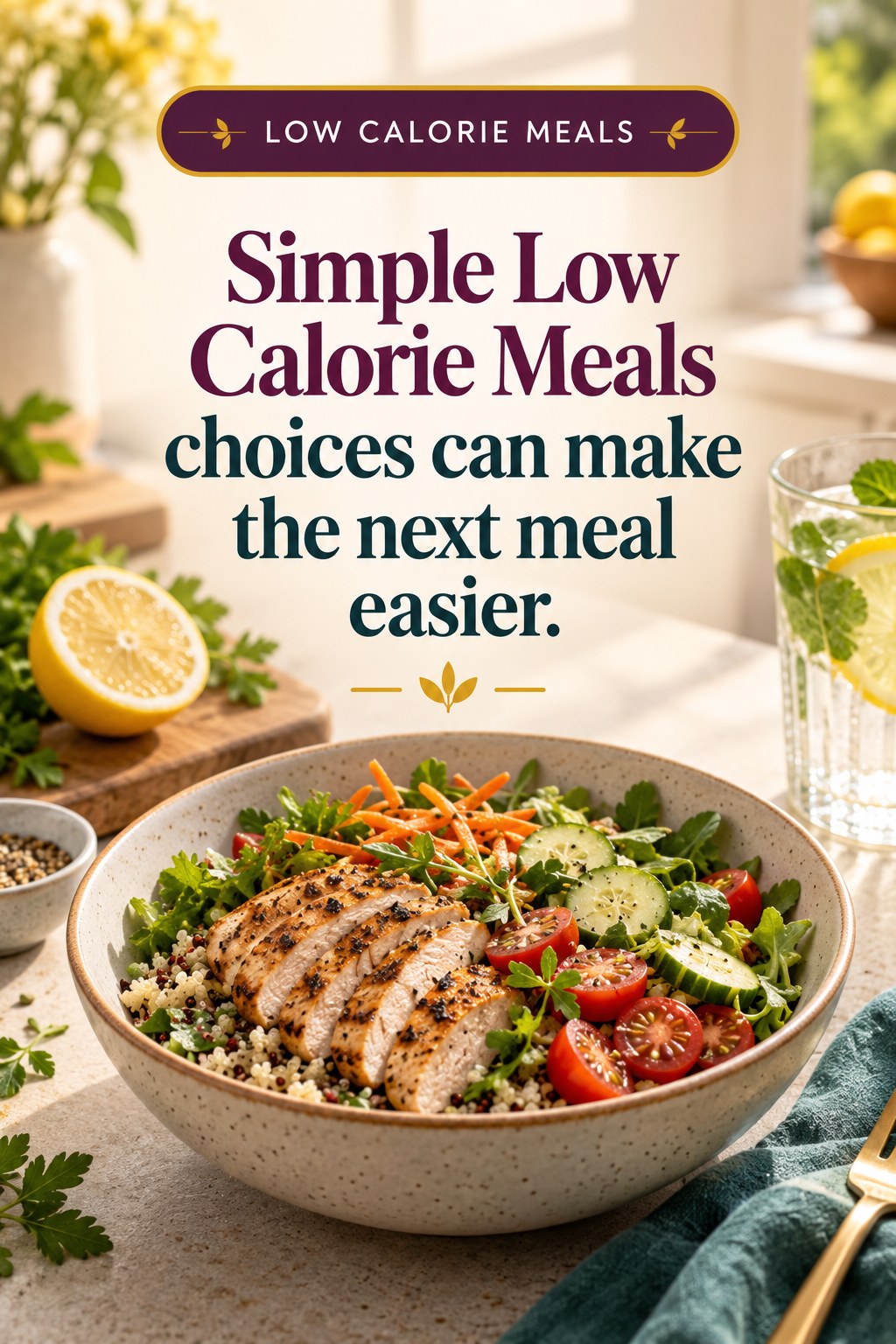 Original Low Calorie Meals quote graphic reading “Simple Low Calorie Meals choices can make the next meal easier.” in a board-relevant editorial design.