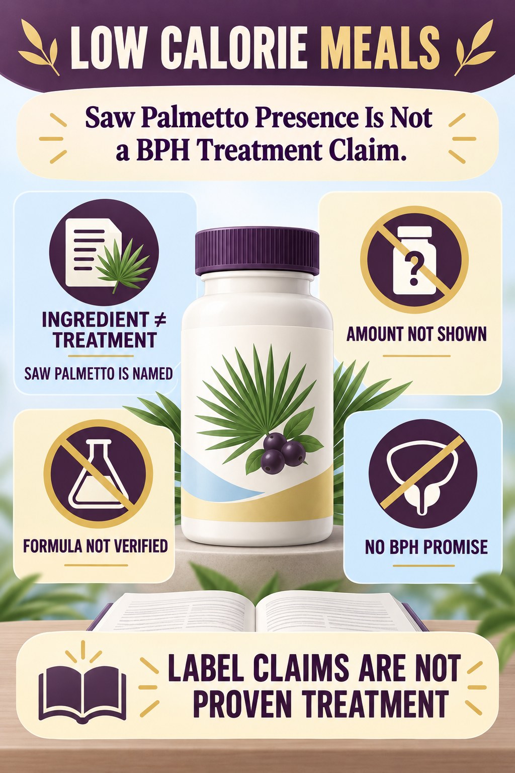 Saw Palmetto Presence Is Not a BPH Treatment Claim prostate supplement label-literacy infographic for Low Calorie Meals with four careful reading points.