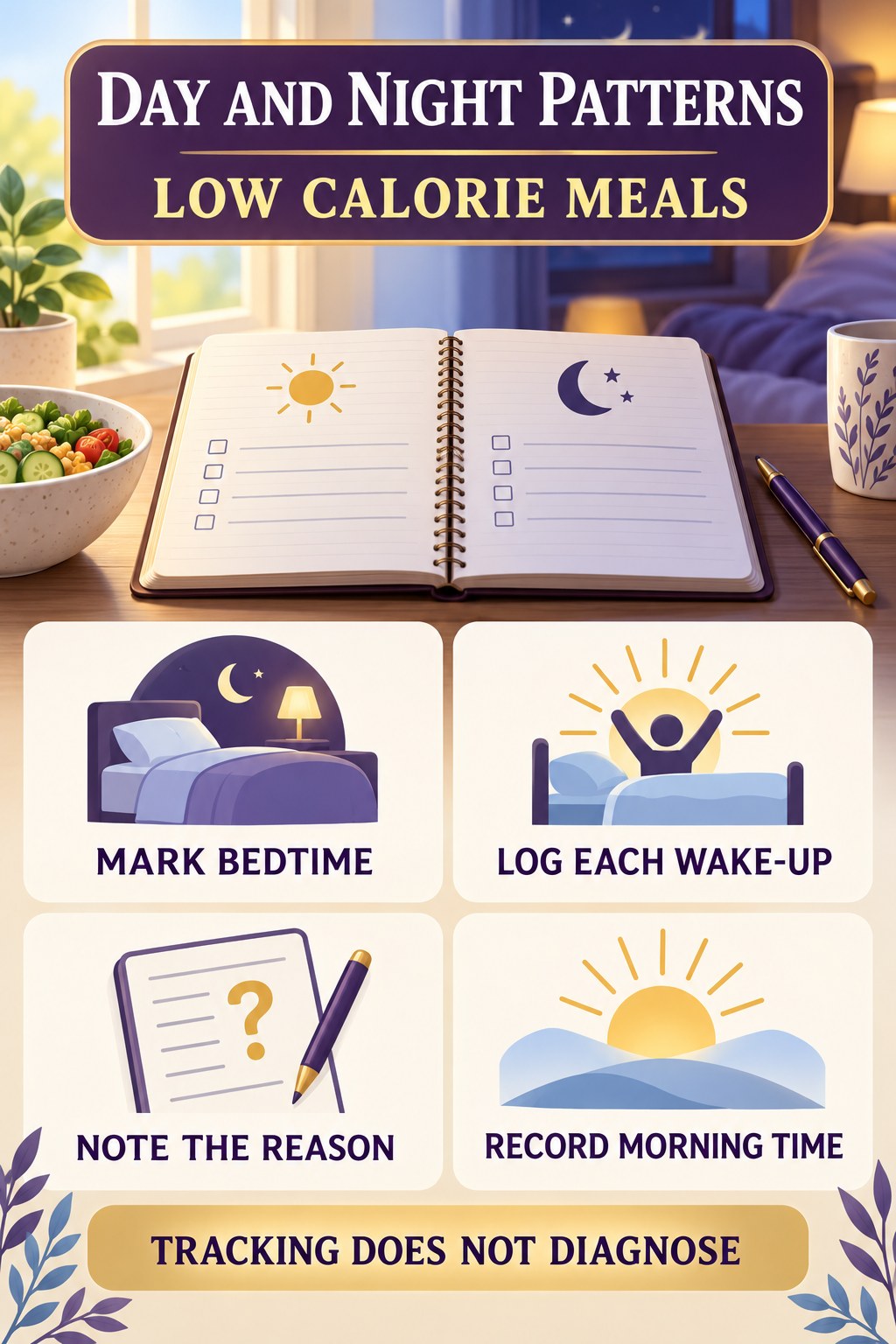 Separate Daytime and Nighttime Patterns urinary symptom tracking infographic for Low Calorie Meals with four practical diary points and a non-diagnostic reminder.