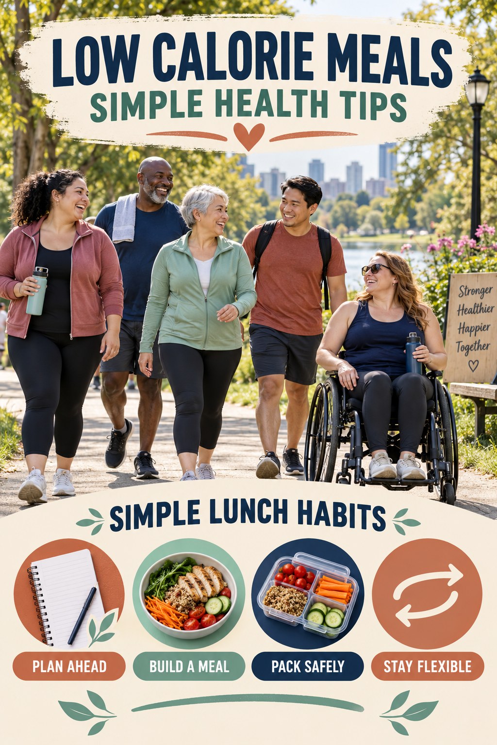 Low Calorie Meals simple-health graphic titled Simple Lunch Habits with four practical wellness prompts.